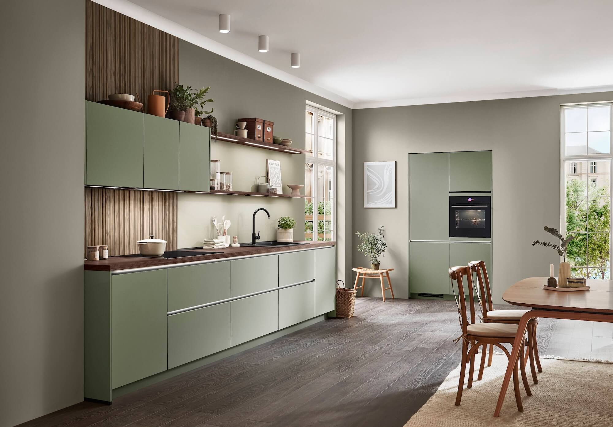 Nobilia-moderne-Kuechenzeile-mit-Hochschrank-Olive