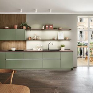 Nobilia-moderne-Kuechenzeile-mit-Hochschrank-Olive-Nussbaum