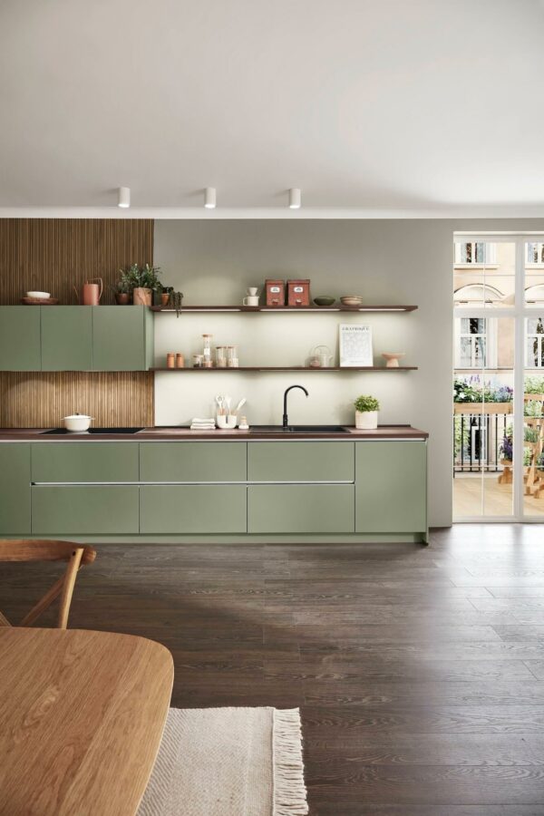 Nobilia-moderne-Kuechenzeile-mit-Hochschrank-Olive-Nussbaum