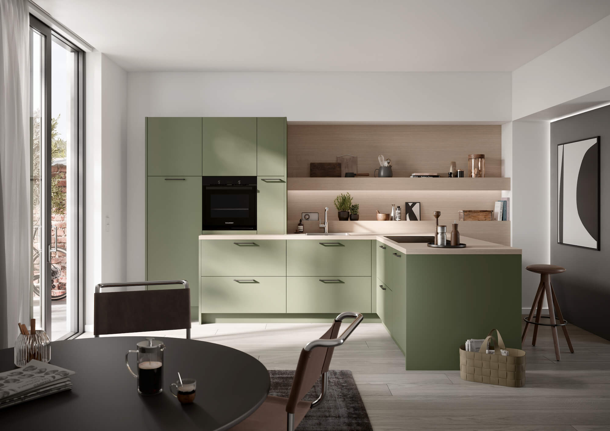 Haecker moderne L-Kueche Olivgruen