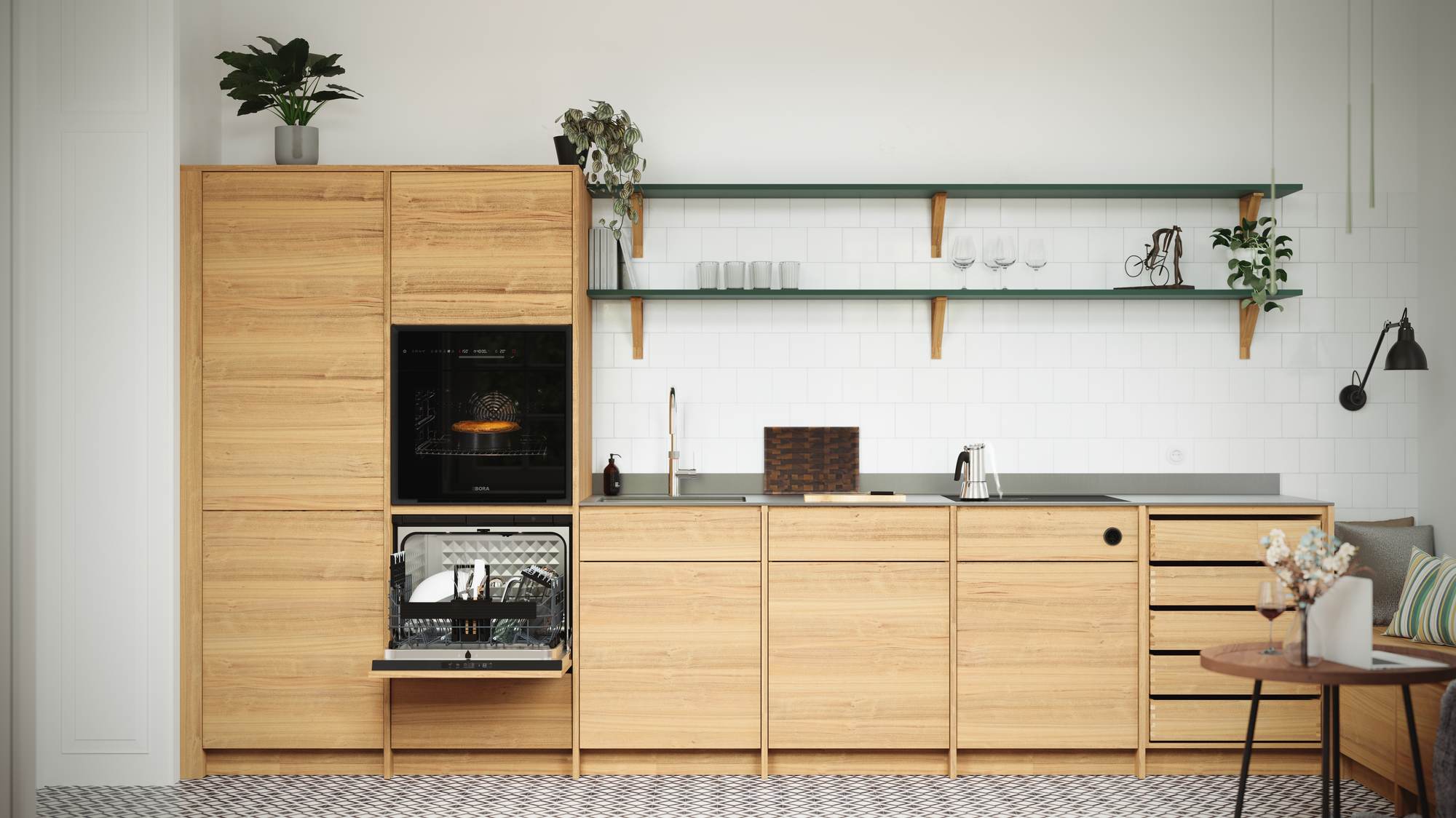 Geschirrspüler BORA Dish geöffnet unter Backofen in Küche mit Holzfronten
