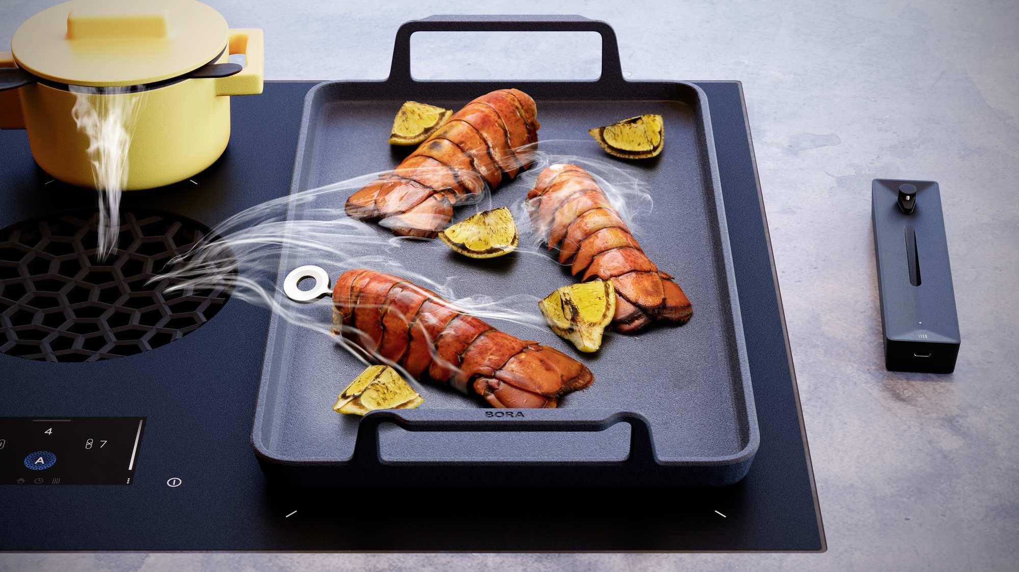 Speisenthermometer BORA Stick neben Grillpfanne mit Hummerschwänzen auf BORA X Pure Max